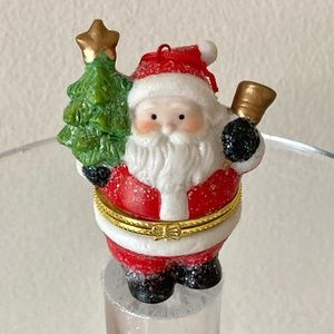 Vintage Santa Porcelain Gift Box Ornament 1990's Hinged Box 3" Tall Gold Tone